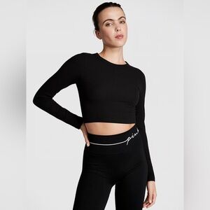 🆕 VS PINK | Rib Long-Sleeve Crop Top in Black Size XL